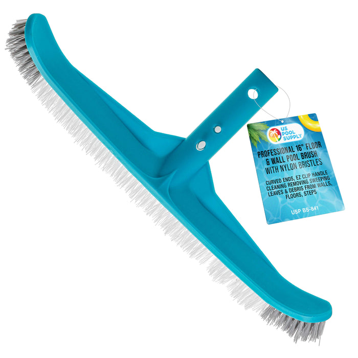 U.S. Pool Supply Professional 16" Floor & Wall Pool Brush, Nylon Bristles, Curved Ends, EZ Clip Handle - Clean Remove Leaves & Debris, Pool Maintenance