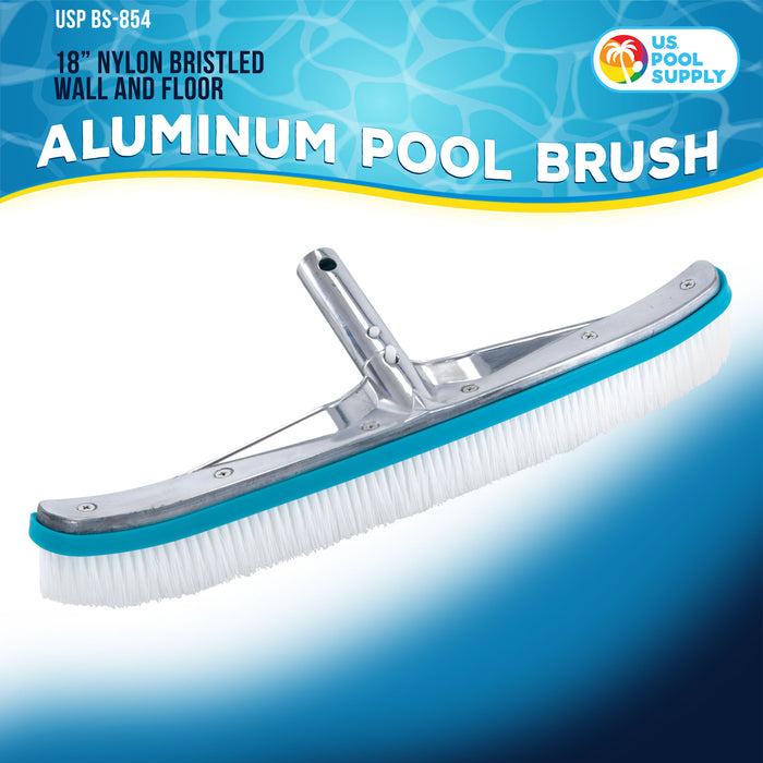 U.S. Pool Supply® Professional 18" Aluminum Wall & Floor Pool Brush with Nylon Bristles and EZ Clip Handle - Reinforced Curved Ends, Durable Nylon Bristles