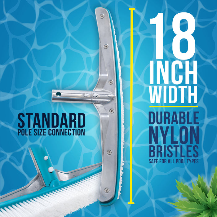 U.S. Pool Supply® Professional 18" Aluminum Wall & Floor Pool Brush with Nylon Bristles and EZ Clip Handle - Reinforced Curved Ends, Durable Nylon Bristles