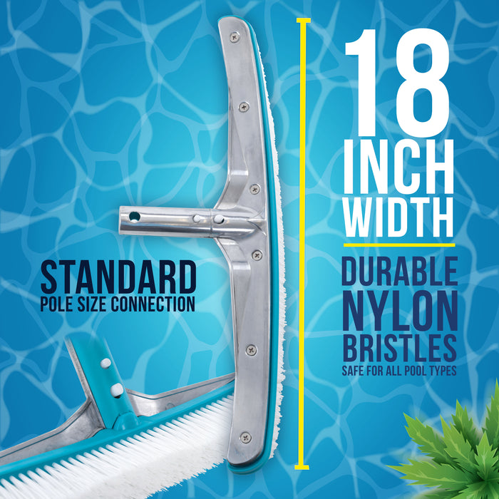 Professional 18" Aluminum Wall & Floor Pool Brush with Nylon Bristles and EZ Clip Handle - Reinforced Curved Ends, Durable Nylon Bristles