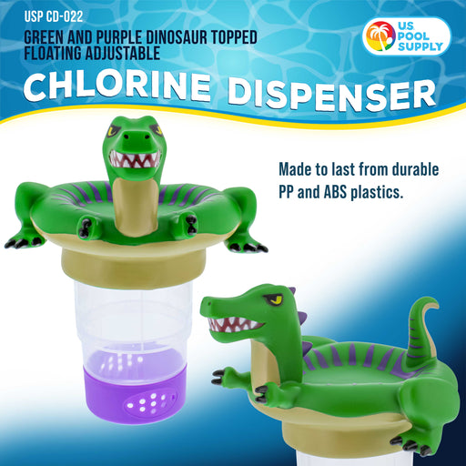 U.S. Pool Supply Dinosaur Floating Pool Chlorine Dispenser, Collapsible Base, Holds 3" Tablets, 10" Fun Cute Green T-Rex Dino Pet Animal Float Floater