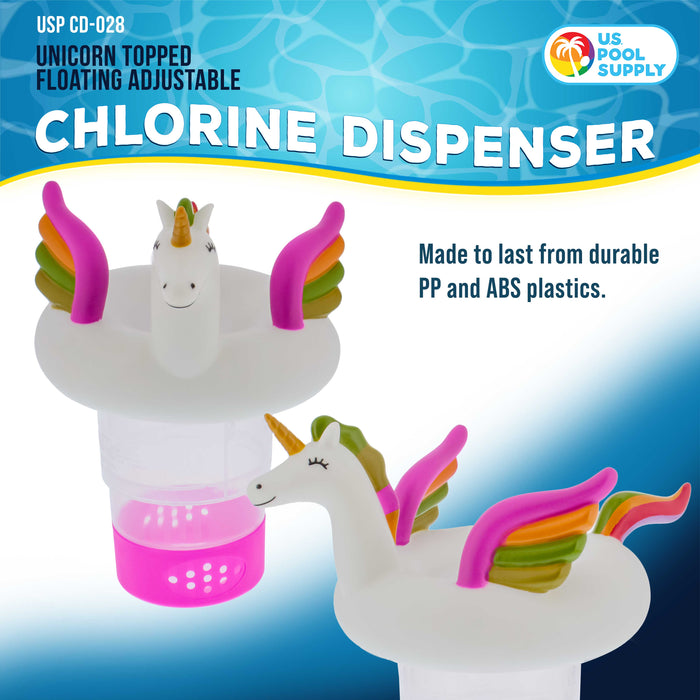 U.S. Pool Supply Unicorn Floating Pool Chlorine Dispenser, Collapsible Base, Holds 3" Tablets - Fun Cute 10" Pink Green Yellow, White Pet Animal Float