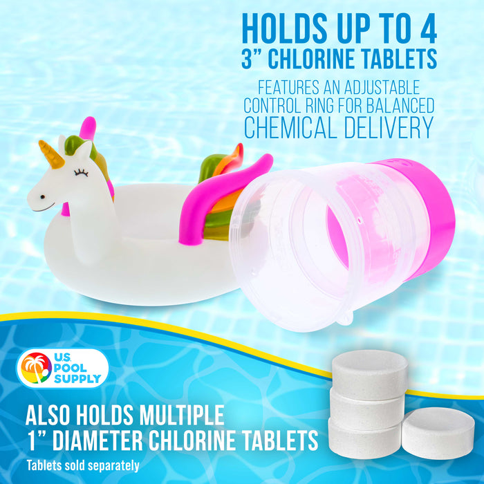 U.S. Pool Supply Unicorn Floating Pool Chlorine Dispenser, Collapsible Base, Holds 3" Tablets - Fun Cute 10" Pink Green Yellow, White Pet Animal Float