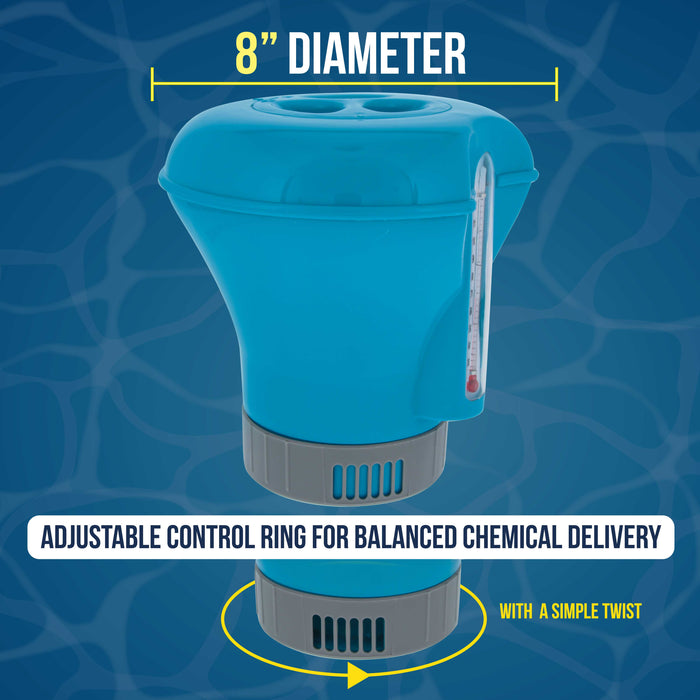 U.S. Pool Supply Pool Chlorine Floater Dispenser with Thermometer - 8" Diameter Floating Chlorinator, Large Capacity Holds 3" Tablets - Adjustable Ring for Balanced Chemical Delivery
