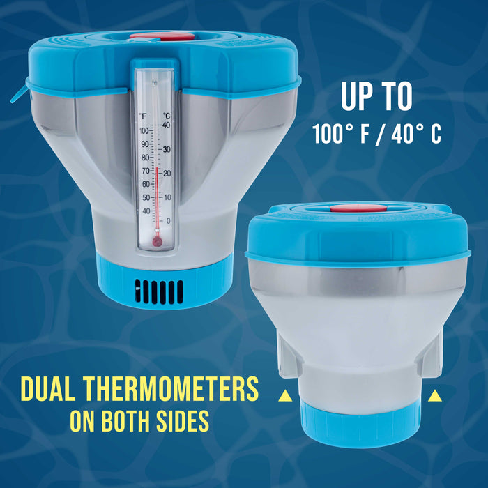 Deluxe Pool Chlorine Floater Dispenser with 100° F Thermometers on Each Side, Pop-Up Refill Indicator - Large Capacity Holds 3", 4" Tablets 8" Diameter Floating Chlorinator