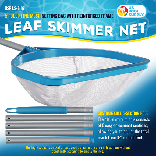 Pool and Spa Skimmer Net with Pole, Handheld Fine Mesh Pool Leaf Skimmer Net - Hand Held Spa, Hot Tub, Pond Cleaning - Step-Up 32" to 5 Feet Long, 5" Deep Netting, Scoop Skim Leaves