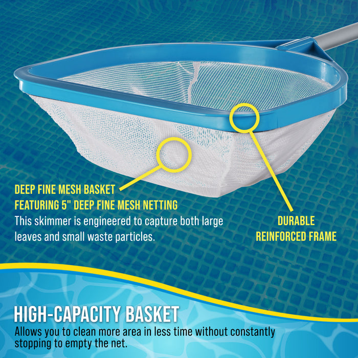Pool and Spa Skimmer Net with Pole, Handheld Fine Mesh Pool Leaf Skimmer Net - Hand Held Spa, Hot Tub, Pond Cleaning - Step-Up 32" to 5 Feet Long, 5" Deep Netting, Scoop Skim Leaves