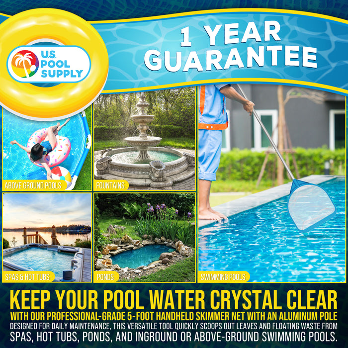 Pool and Spa Skimmer Net with Pole, Handheld Fine Mesh Pool Leaf Skimmer Net - Hand Held Spa, Hot Tub, Pond Cleaning - Step-Up 32" to 5 Feet Long, 5" Deep Netting, Scoop Skim Leaves