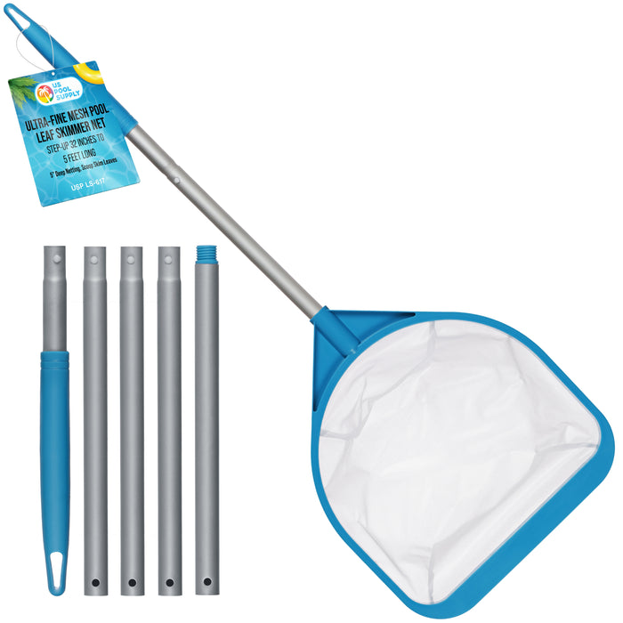 Pool and Spa Skimmer Net with Pole, Handheld Ultra-Fine Mesh Pool Leaf Skimmer Net - Hand Held Spa, Hot Tub, Pond Cleaning - Step-Up 32" to 5 Feet Long, 5" Deep Netting, Scoop Skim