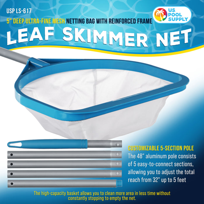 Pool and Spa Skimmer Net with Pole, Handheld Ultra-Fine Mesh Pool Leaf Skimmer Net - Hand Held Spa, Hot Tub, Pond Cleaning - Step-Up 32" to 5 Feet Long, 5" Deep Netting, Scoop Skim