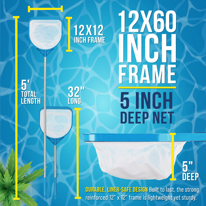 Pool and Spa Skimmer Net with Pole, Handheld Ultra-Fine Mesh Pool Leaf Skimmer Net - Hand Held Spa, Hot Tub, Pond Cleaning - Step-Up 32" to 5 Feet Long, 5" Deep Netting, Scoop Skim