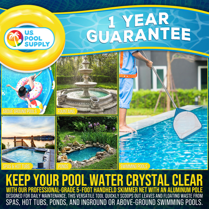 Pool and Spa Skimmer Net with Pole, Handheld Ultra-Fine Mesh Pool Leaf Skimmer Net - Hand Held Spa, Hot Tub, Pond Cleaning - Step-Up 32" to 5 Feet Long, 5" Deep Netting, Scoop Skim