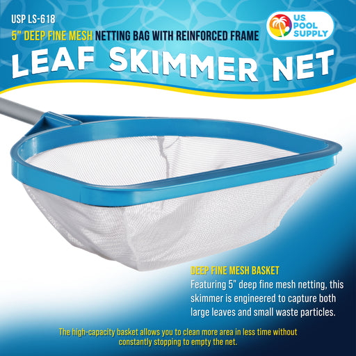 Pool and Spa Skimmer Net with Pole, 30" Long Handheld Fine Mesh Pool Skimmer Net - Hand Held Spa, Hot Tub, Pond Cleaning - 17" Pole Handle, Deep Leaf Netting, Scoop Skim Leaves