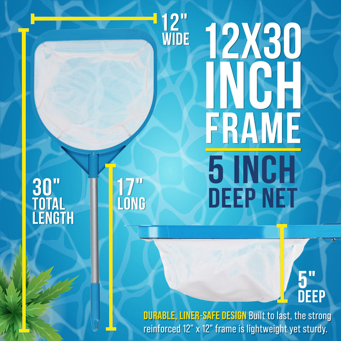 Pool and Spa Skimmer Net with Pole, 30" Long Handheld Ultra-Fine Mesh Pool Skimmer Net - Hand Held Spa, Hot Tub, Pond Cleaning - 17" Pole Handle, Deep Leaf Netting, Scoop Skim Leaves