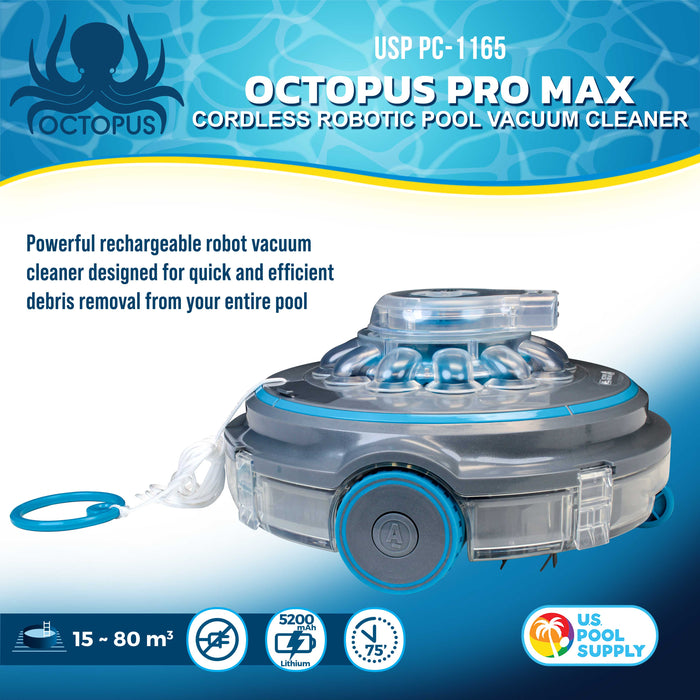 U.S. Pool Supply Octopus Pro Max Cordless Robotic Pool Vacuum Cleaner - Lasts 75 Mins, Powerful Suction, Dual Filtering, Removes Debris - Rechargeable