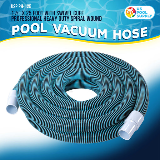 1-1/2" x 25 Foot Heavy Duty Spiral Wound Swimming Pool Vacuum Hose with Kink-Free Swivel Cuff, Flexible - Connect to Vacuum Heads