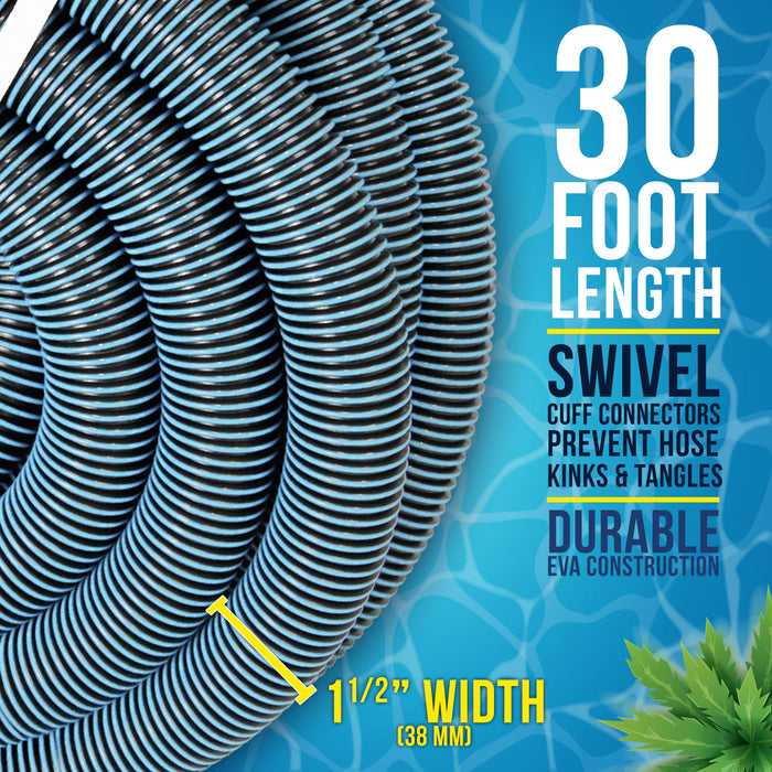 1-1/2" x 30 Foot Heavy Duty Spiral Wound Swimming Pool Vacuum Hose with Kink-Free Swivel Cuff, Flexible - Connect to Vacuum Heads