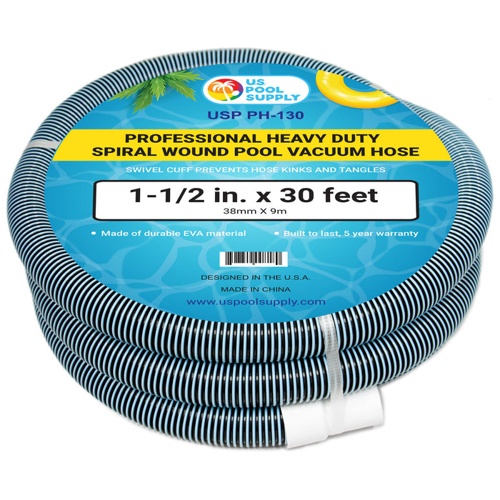 U.S. Pool Supply® 1-1/2" x 30 Foot Heavy Duty Spiral Wound Swimming Pool Vacuum Hose with Kink-Free Swivel Cuff, Flexible - Connect to Vacuum Heads