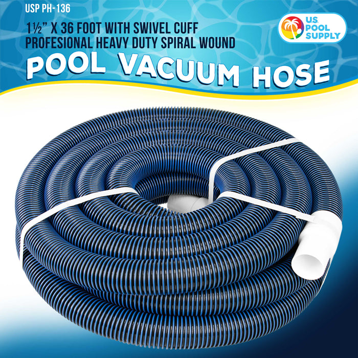 U.S. Pool Supply® 1-1/2" x 36 Foot Heavy Duty Spiral Wound Swimming Pool Vacuum Hose with Kink-Free Swivel Cuff, Flexible - Connect to Vacuum Heads