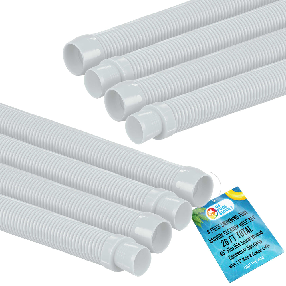 Professional 8 Piece Swimming Pool Vacuum Cleaner Hose Set - 40" Flexible Spiral Wound Connector Sections with 1.5" Male & Female Cuff Ends