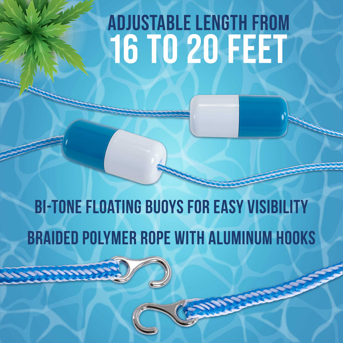 U.S. Pool Supply Swimming Pool Adjustable Length 16 to 20 Feet Safety Rope with Floating Buoys - Section Off Hazardous Areas, Dividing Lanes, Hooks