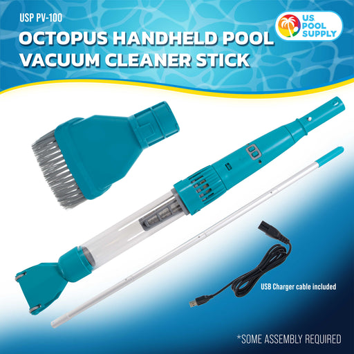 U.S. Pool Supply Octopus Handheld Pool Vacuum Cleaner Stick - Cordless, Rechargeable, Powerful Suction, Ultra-Fine Filtering, Brush & Wheel Heads