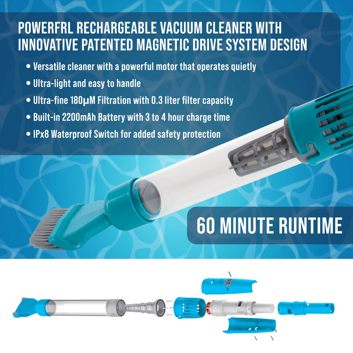 U.S. Pool Supply Octopus Handheld Pool Vacuum Cleaner Stick - Cordless, Rechargeable, Powerful Suction, Ultra-Fine Filtering, Brush & Wheel Heads