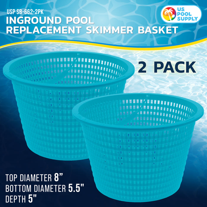 Swimming Pool Teal Blue Plastic Skimmer Replacement Basket (Set of 2) - Skim Remove Leaves and Debris - 8" Top, 5.5" Bottom, 5" Deep - Not Weighted