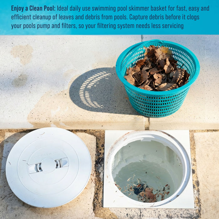 Swimming Pool Teal Blue Plastic Skimmer Replacement Basket (Set of 2) - Skim Remove Leaves and Debris - 8" Top, 5.5" Bottom, 5" Deep - Not Weighted