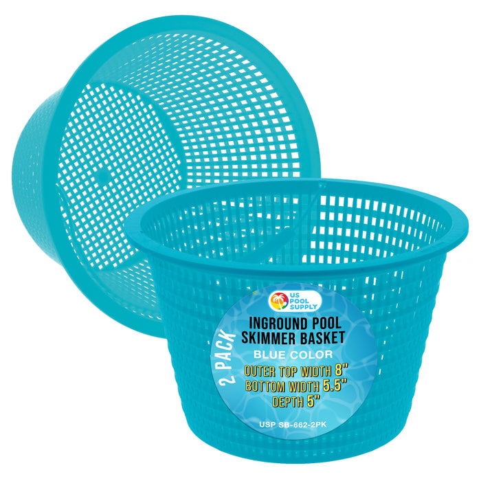 Swimming Pool Teal Blue Plastic Skimmer Replacement Basket (Set of 2) - Skim Remove Leaves and Debris - 8" Top, 5.5" Bottom, 5" Deep - Not Weighted