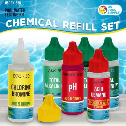 U.S. Pool Supply® 6 Bottle Refill Solution Pack for Premium 5-Way Swimming Pool & Spa Test Kit - pH Chlorine Bromine Alkalinity, Acid Demand Indicators