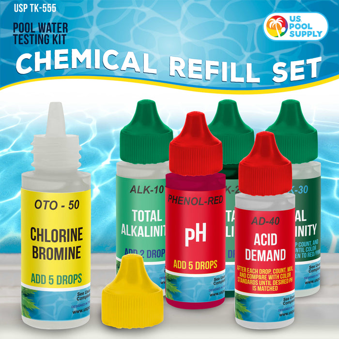 U.S. Pool Supply® 6 Bottle Refill Solution Pack for Premium 5-Way Swimming Pool & Spa Test Kit - pH Chlorine Bromine Alkalinity, Acid Demand Indicators