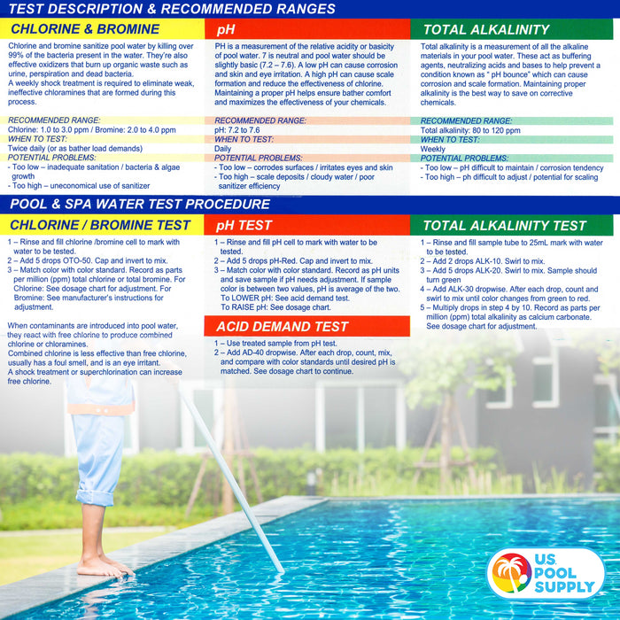 6 Bottle Refill Solution Pack for Premium 5-Way Swimming Pool & Spa Test Kit - pH Chlorine Bromine Alkalinity, Acid Demand Indicators