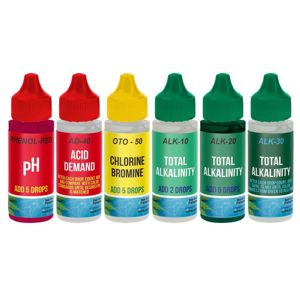 6 Bottle Refill Solution Pack for Premium 5-Way Swimming Pool & Spa Test Kit - pH Chlorine Bromine Alkalinity, Acid Demand Indicators
