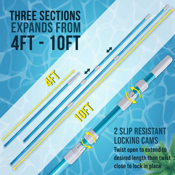 U.S. Pool Supply Professional 10-Foot Blue Anodized Aluminum Telescopic Swimming Pool Pole, Adjustable 3 Piece Expandable Step-Up, Attach Skimmer Nets