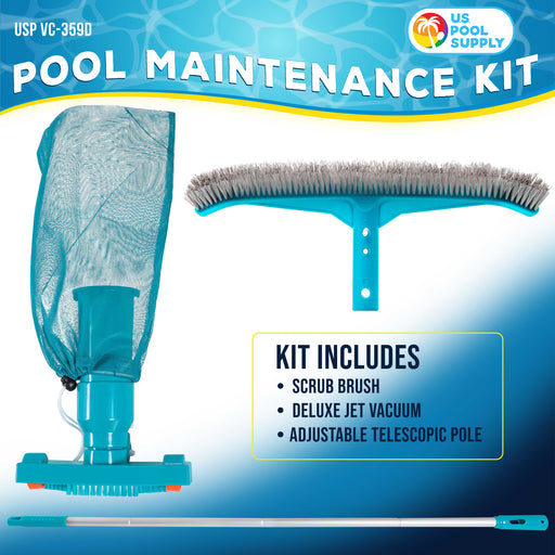 U.S. Pool Supply Deluxe Swimming Pool Maintenance Kit with Deluxe Jet Vacuum, 16" Floor & Wall Scrub Brush, Adjustable Telescopic Pole - Remove Debris