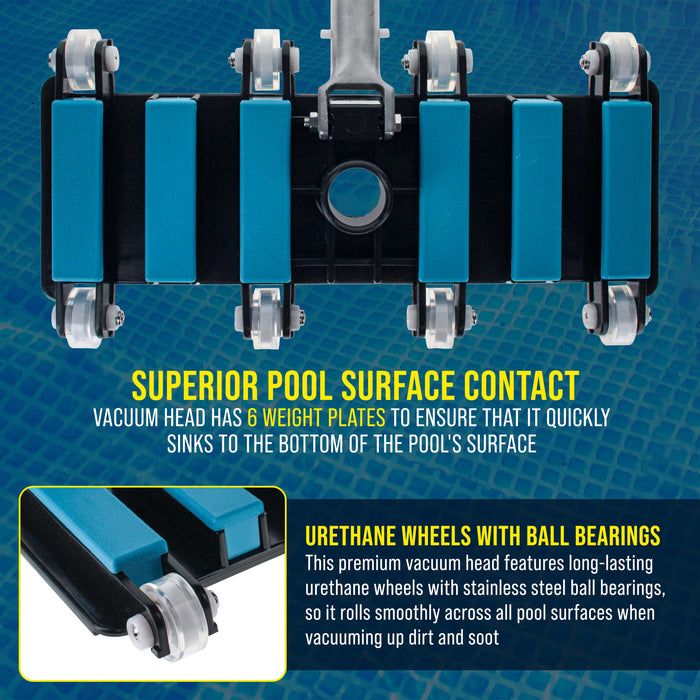 Manual Pool Vacuum Head for Inground Pools, Flexible, Extra-Wide, Weighted - 6 Weights, Blue, Connect 1.5" Hose, Metal Pole Handle - Swimming Cleaning Accessory Attachment, Vac Debris