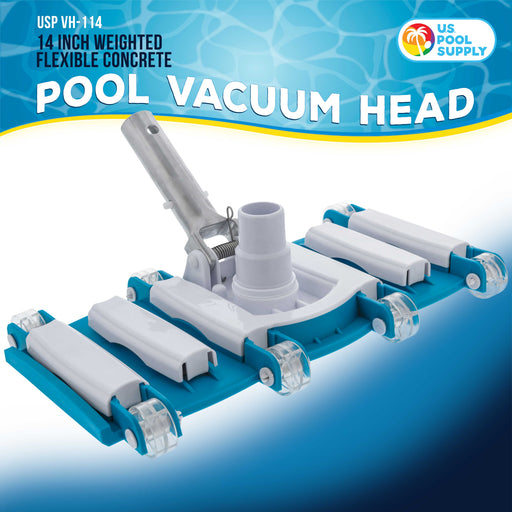 14" Manual Pool Vacuum Head for Inground Pools, Flexible, Weighted - 6 Weights, Swivel Hose Connection 1.25" or 1.5", Aluminum Handle