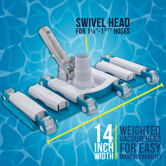 14" Manual Pool Vacuum Head for Inground Pools, Flexible, Weighted - 6 Weights, Swivel Hose Connection 1.25" or 1.5", Aluminum Handle
