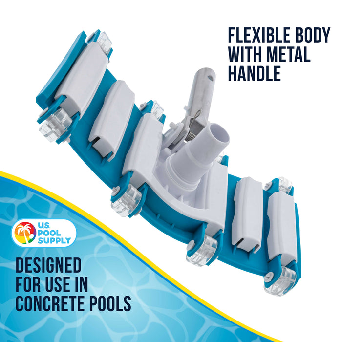 14" Manual Pool Vacuum Head for Inground Pools, Flexible, Weighted - 6 Weights, Swivel Hose Connection 1.25" or 1.5", Aluminum Handle