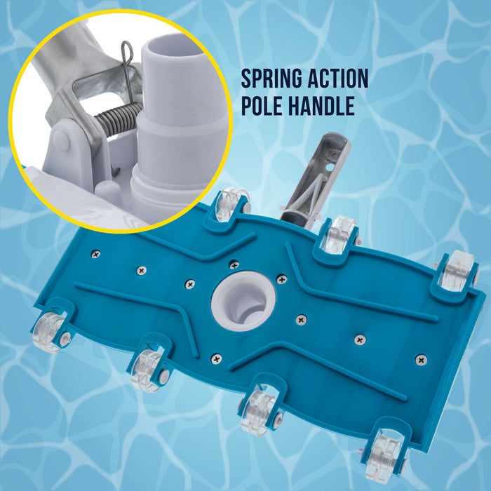 14" Manual Pool Vacuum Head for Inground Pools, Flexible, Weighted - 6 Weights, Swivel Hose Connection 1.25" or 1.5", Aluminum Handle