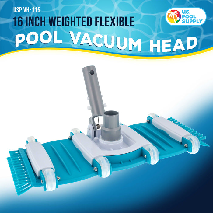 Professional 16" Weighted Flexible Swimming Pool Vacuum Head with Side Brushes, Swivel Hose Connection, EZ Clip Handle, Heavy Duty