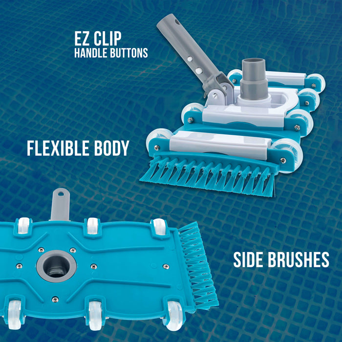 Professional 16" Weighted Flexible Swimming Pool Vacuum Head with Side Brushes, Swivel Hose Connection, EZ Clip Handle, Heavy Duty