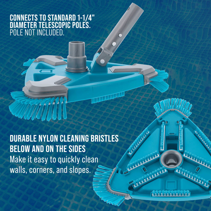 U.S. Pool Supply Deluxe Weighted Triangular Pool Vacuum Head with Side Brushes, Swivel Connection, EZ Clip Handle - For Above Ground & In-ground Pools