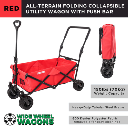 Red Wide Wheel Wagon All-Terrain Folding Collapsible Utility Wagon with Push Bar - Portable Rolling Heavy Duty 150 Lbs Capacity Canvas Fabric Cart
