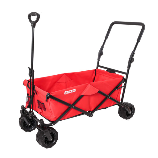 Red Wide Wheel Wagon All-Terrain Folding Collapsible Utility Wagon with Push Bar - Portable Rolling Heavy Duty 150 Lbs Capacity Canvas Fabric Cart