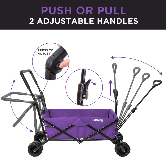 Purple Wide Wheel Wagon All-Terrain Folding Collapsible Utility Wagon with Push Bar - Portable Rolling Heavy Duty 150 Lbs Capacity Canvas Fabric Cart