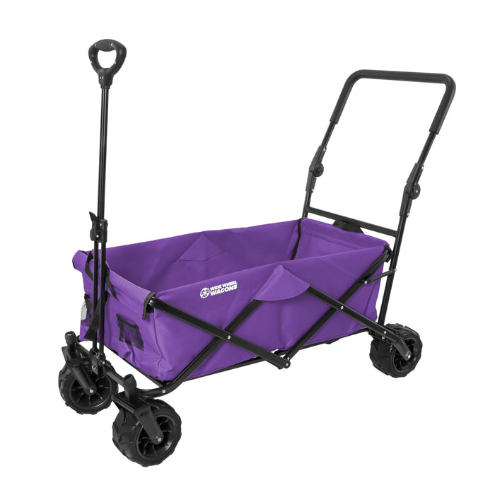 Purple Wide Wheel Wagon All-Terrain Folding Collapsible Utility Wagon with Push Bar - Portable Rolling Heavy Duty 150 Lbs Capacity Canvas Fabric Cart