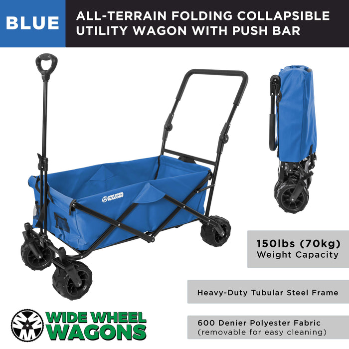 Blue Wide Wheel Wagon All-Terrain Folding Collapsible Utility Wagon with Push Bar - Portable Rolling Heavy Duty 150 Lbs Capacity Canvas Fabric Cart