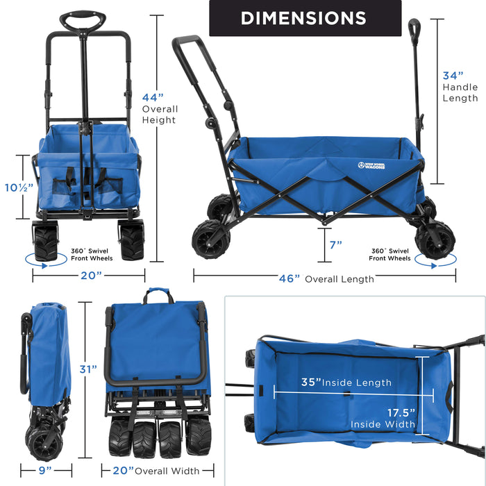 Blue Wide Wheel Wagon All-Terrain Folding Collapsible Utility Wagon with Push Bar - Portable Rolling Heavy Duty 150 Lbs Capacity Canvas Fabric Cart